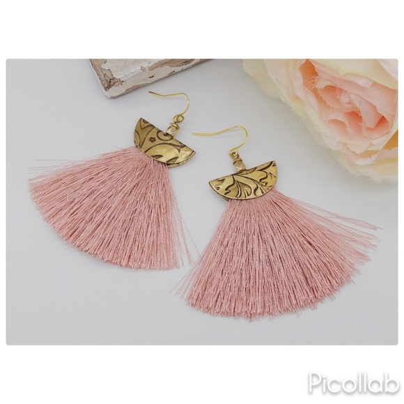 Jewelry - Brass and Pink Tassel Earrings